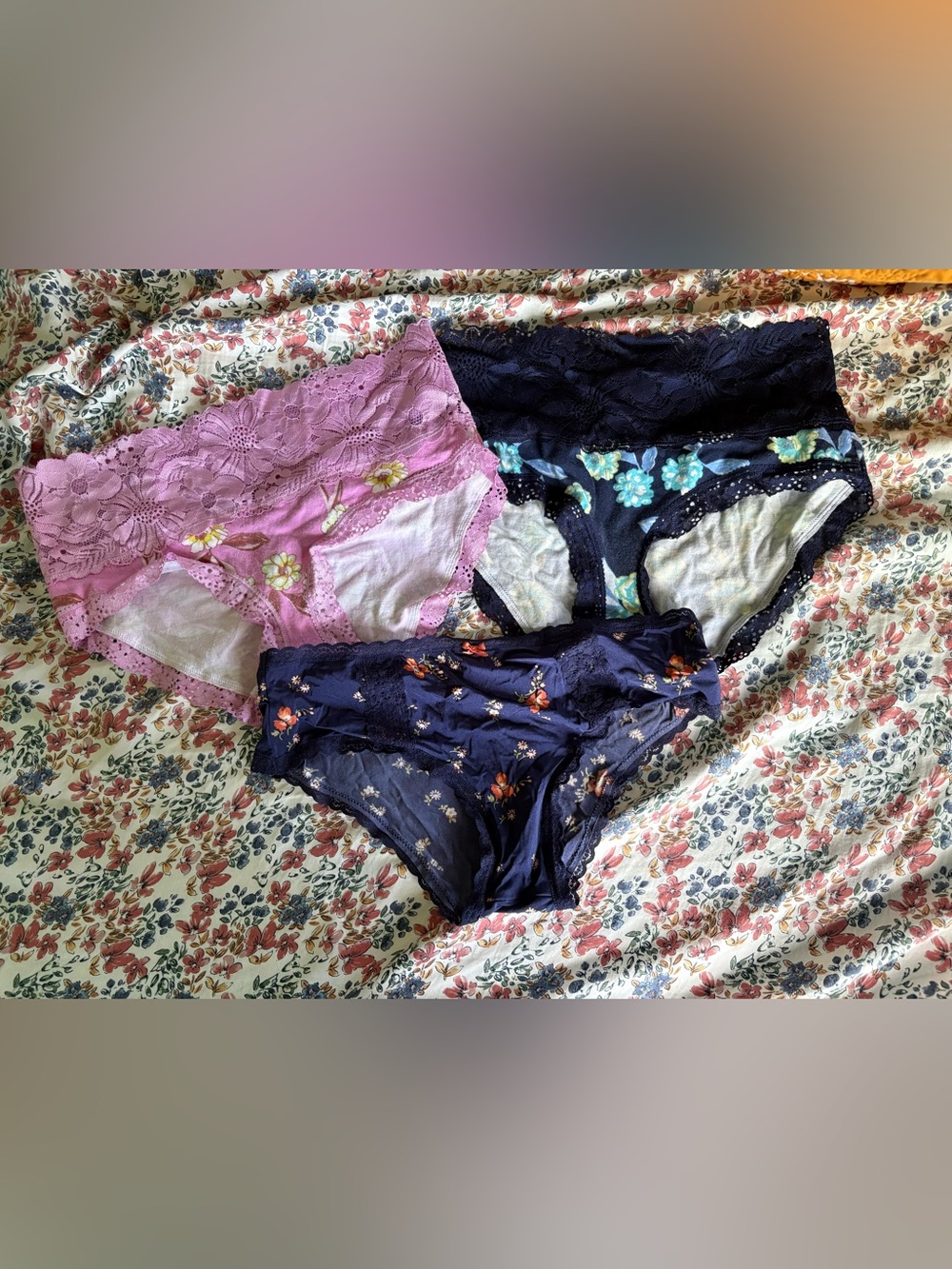 aerie Floral Lace & Printed Bikini Panty Trio - Pink & Navy